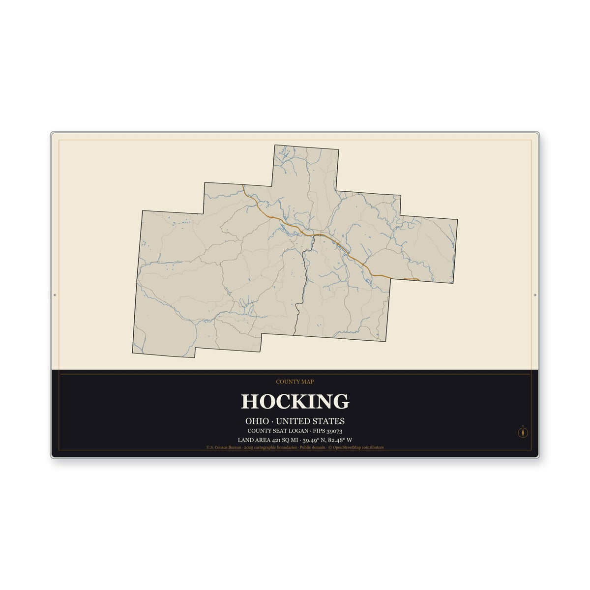 Hocking County, Ohio Map Aluminum Sign in Museum Plaque style