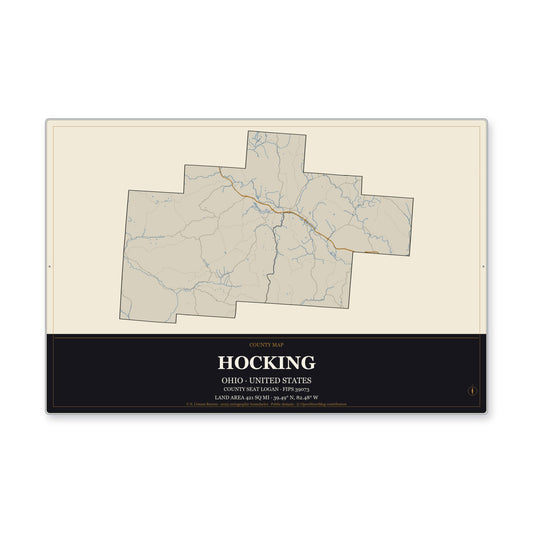 Hocking County, Ohio Map Aluminum Sign in Museum Plaque style