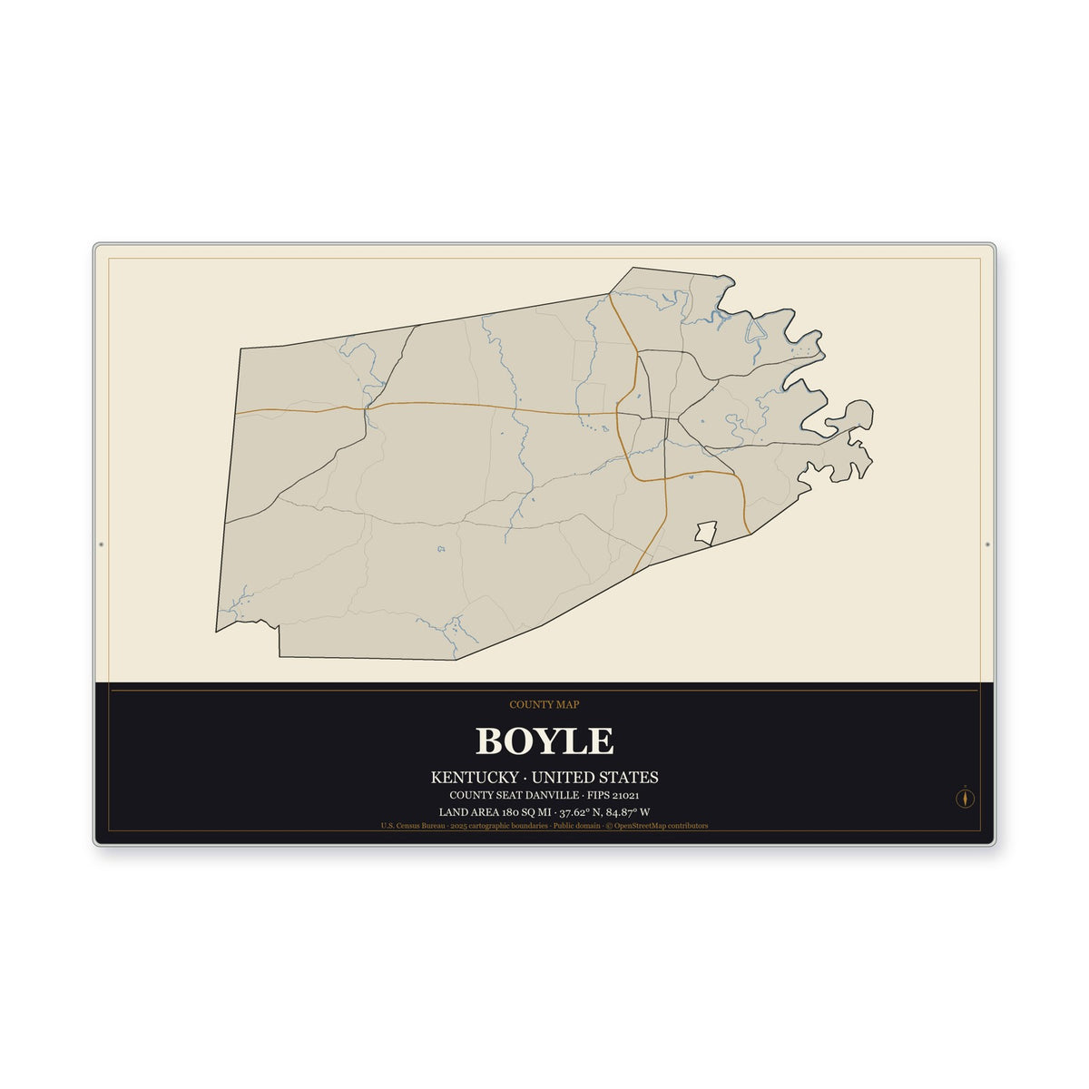 Boyle County, Kentucky Map Aluminum Sign in Museum Plaque style