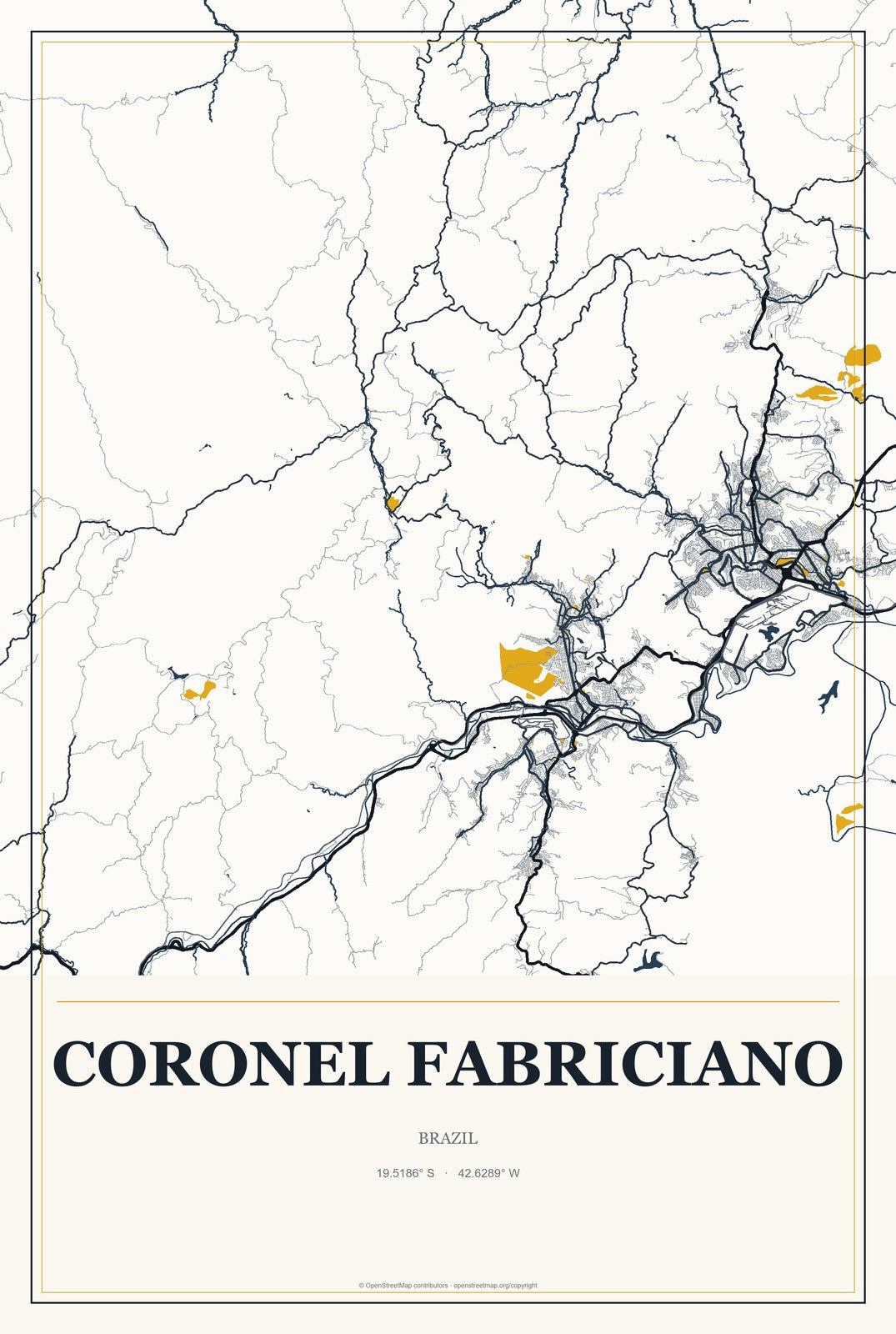 Coronel Fabriciano, Brazil City Map Aluminum Sign in Citrine Modern style