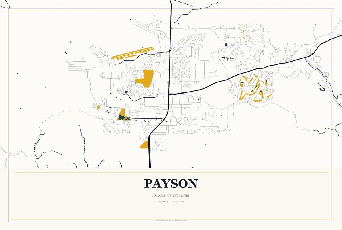 Payson, Arizona City Map Aluminum Sign in Citrine Modern style