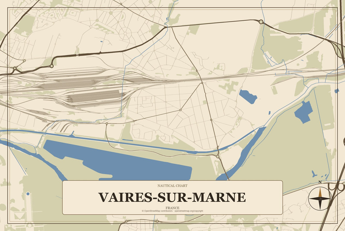 Vaires-sur-Marne, France City Map Aluminum Sign in Heritage Nautical style