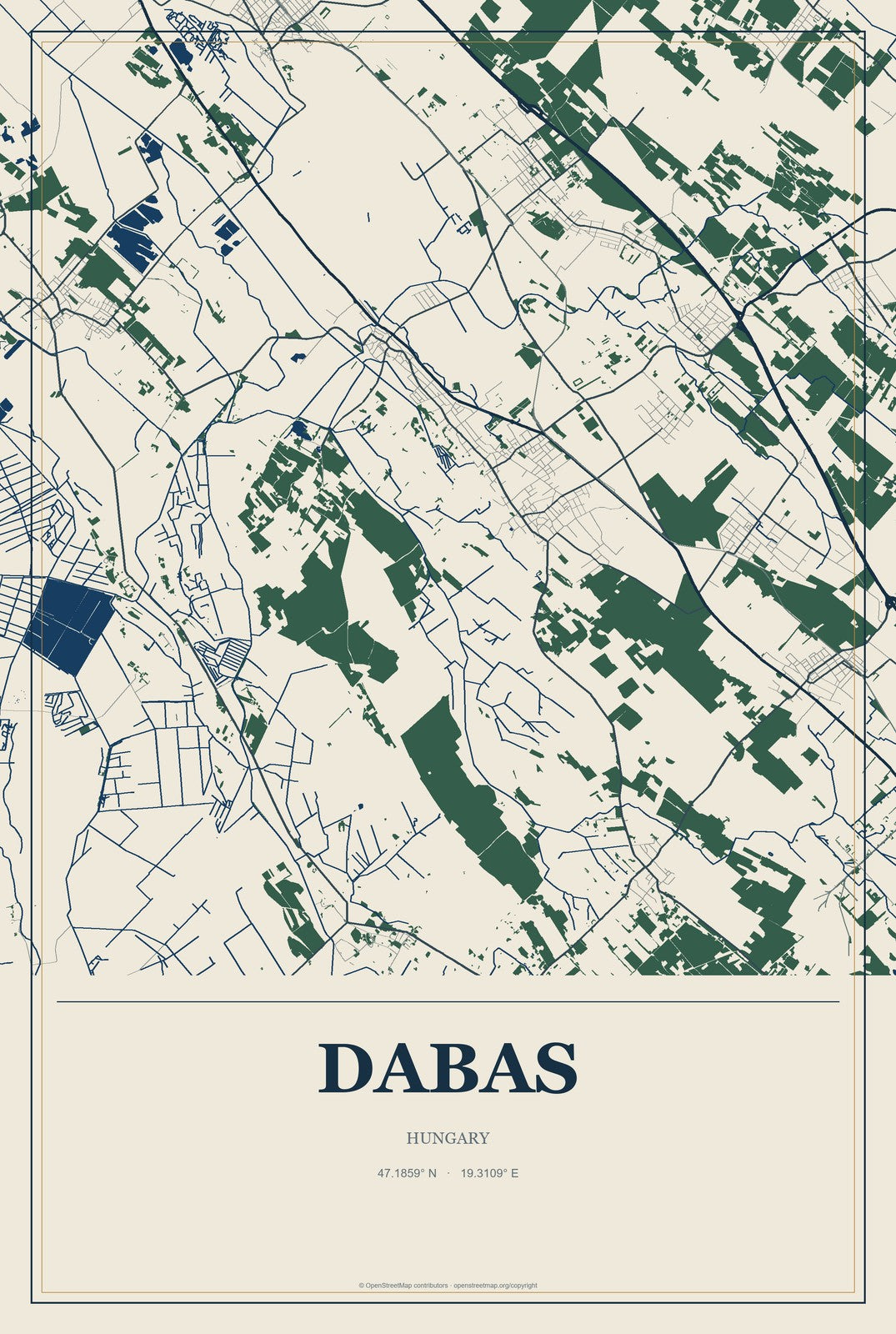 Dabas, Hungary City Map Aluminum Sign in Coastal Cutout style