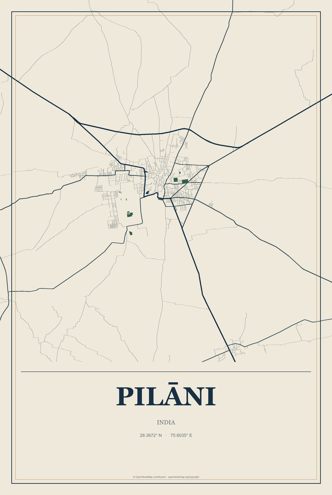 Pilāni, India City Map Aluminum Sign in Coastal Cutout style