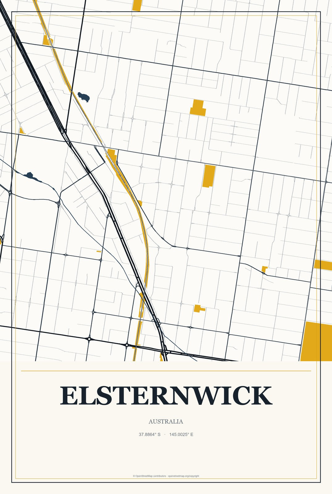 Elsternwick, Australia City Map Aluminum Sign in Citrine Modern style