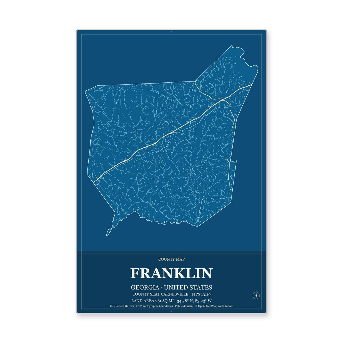 Franklin County, Georgia Map Aluminum Sign in Harbor Cobalt style