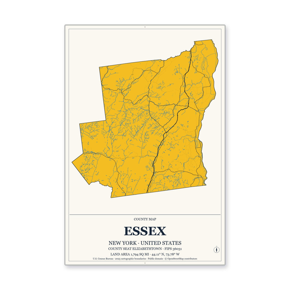 Essex County, New York Map Aluminum Sign in Citrine Modern style