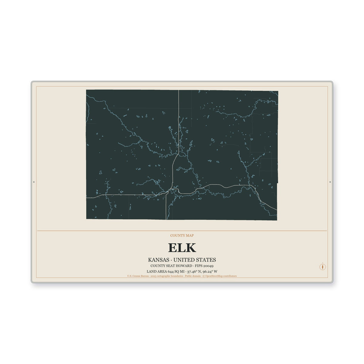 Elk County, Kansas Map Aluminum Sign in Headline Atlas style