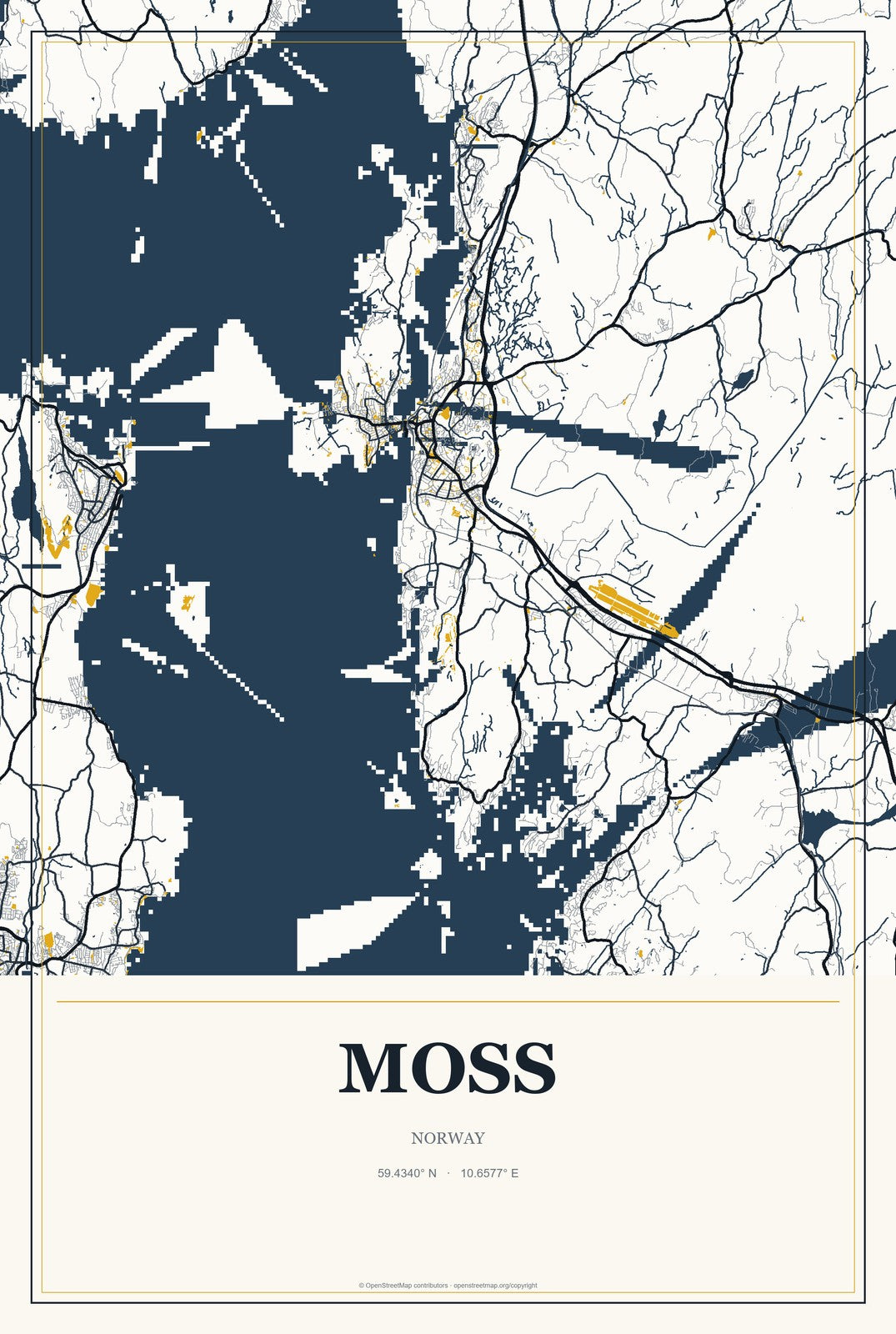 Moss, Norway City Map Aluminum Sign in Citrine Modern style