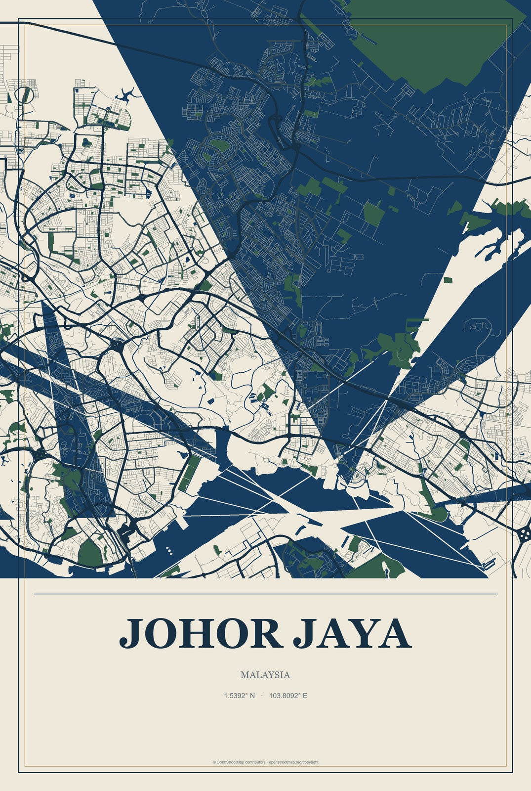 Johor Jaya, Malaysia City Map Aluminum Sign in Coastal Cutout style