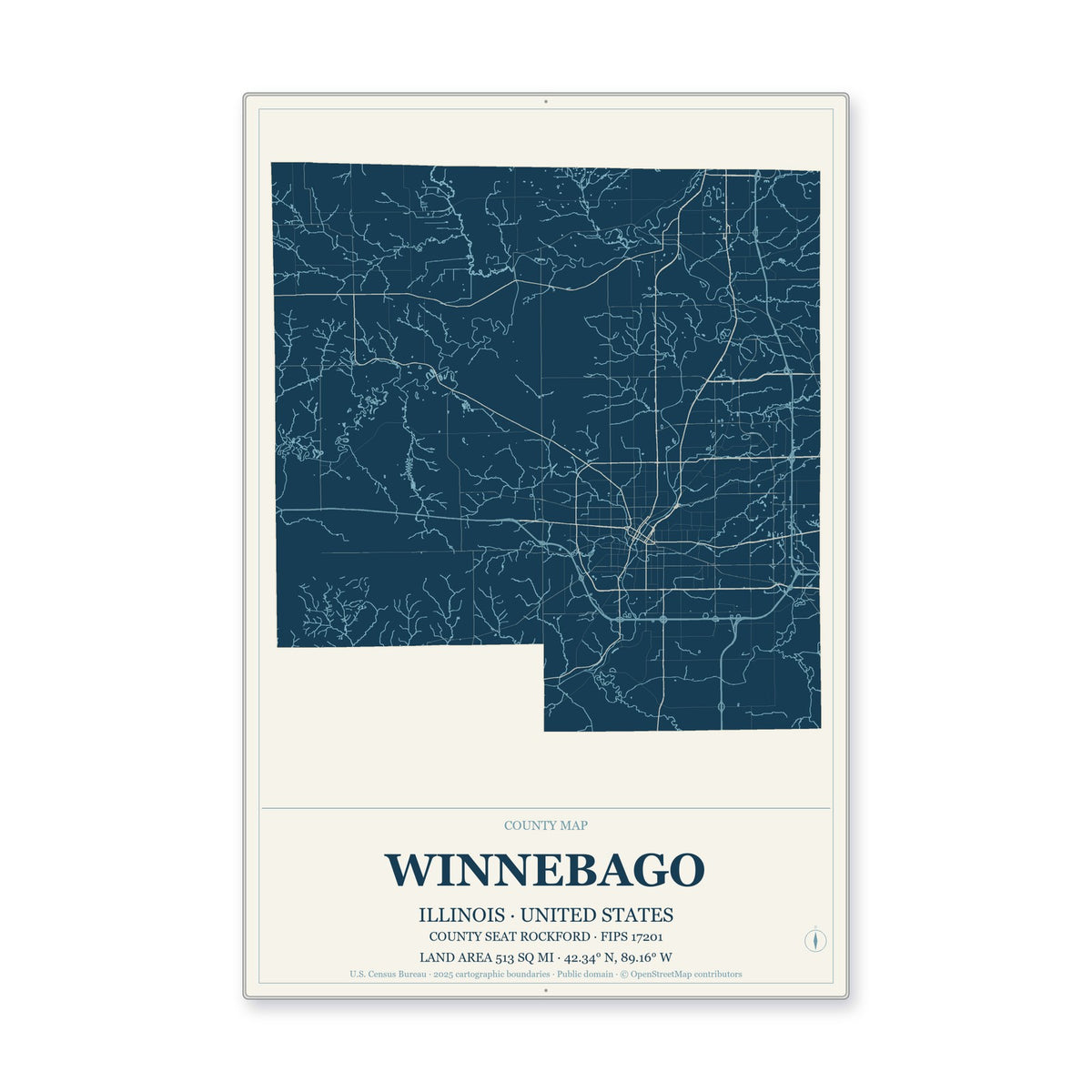 Winnebago County, Illinois Map Aluminum Sign in Coastal Cutout style