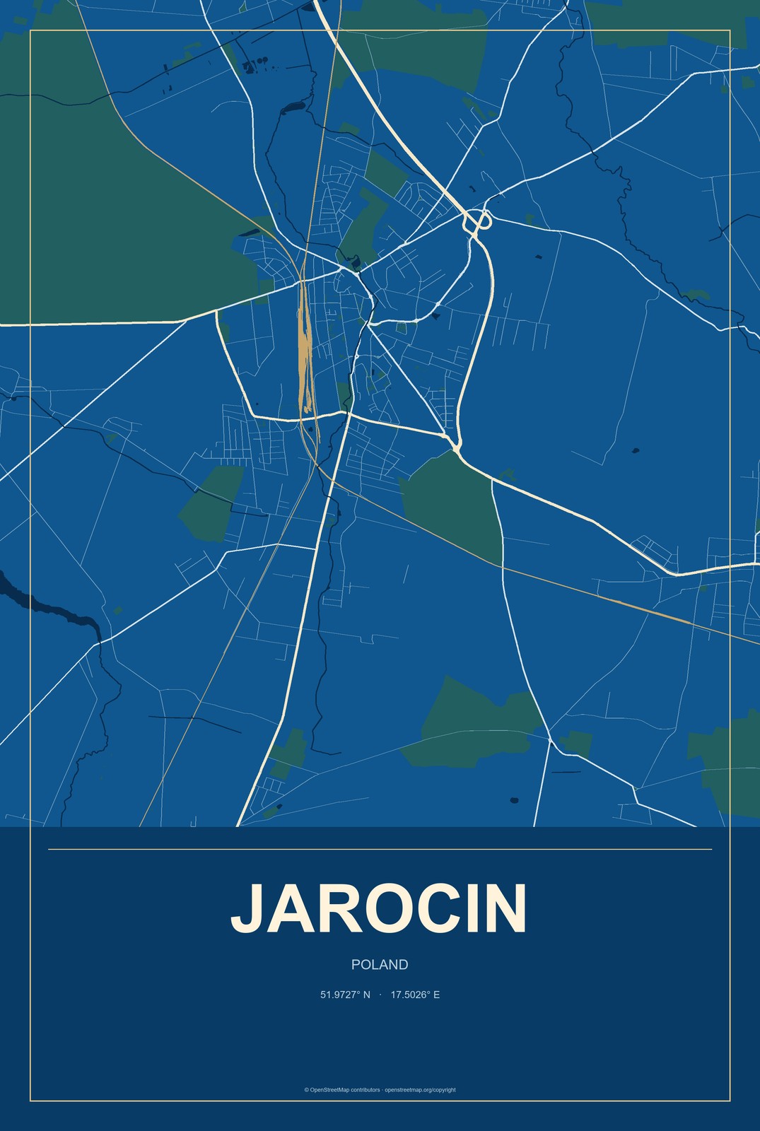 Jarocin, Poland City Map Aluminum Sign in Harbor Cobalt style