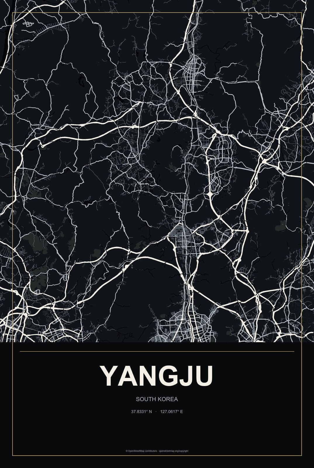 Yangju, South Korea City Map Aluminum Sign in Metropolitan Noir style