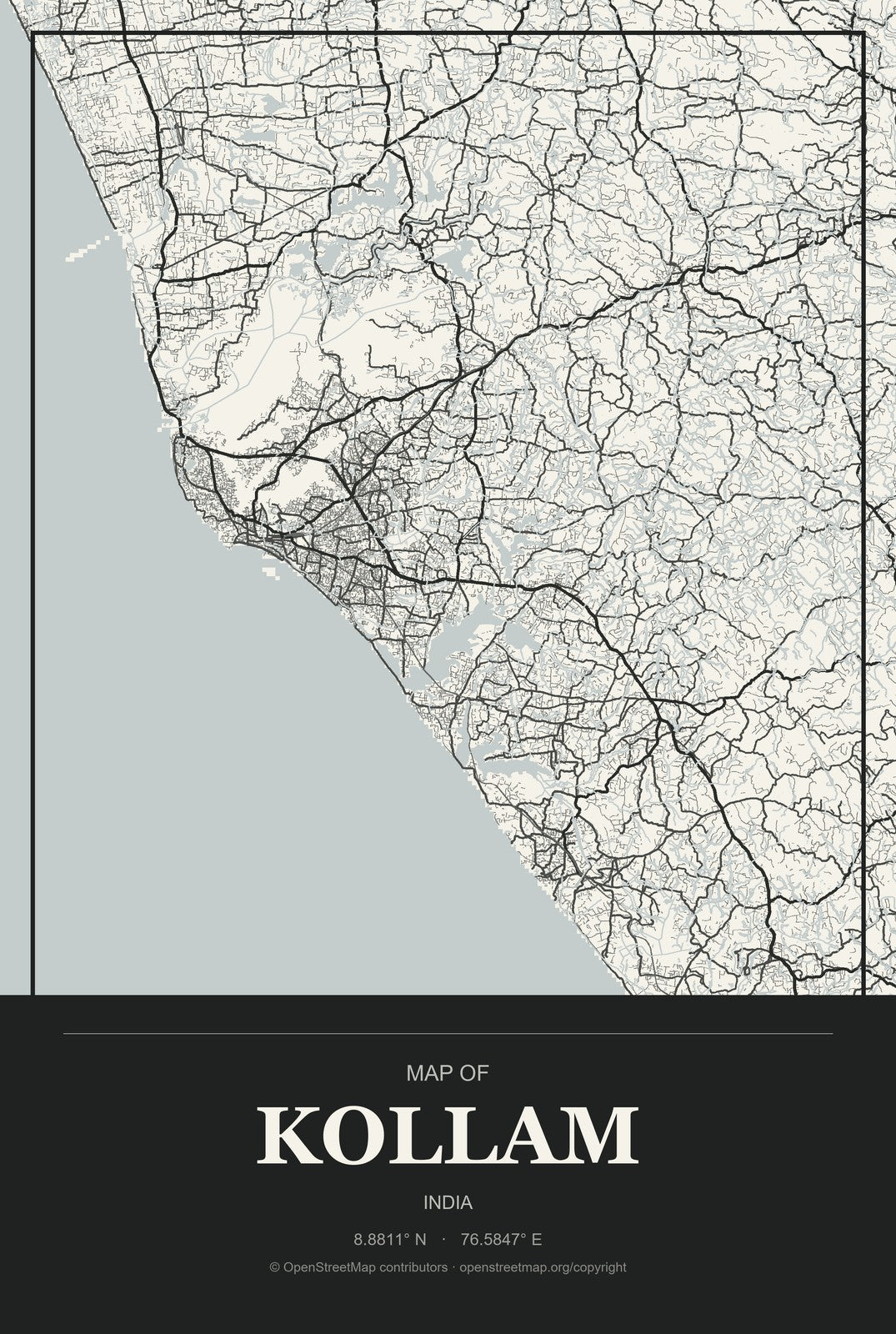Kollam, India City Map Aluminum Sign in Museum Plaque style