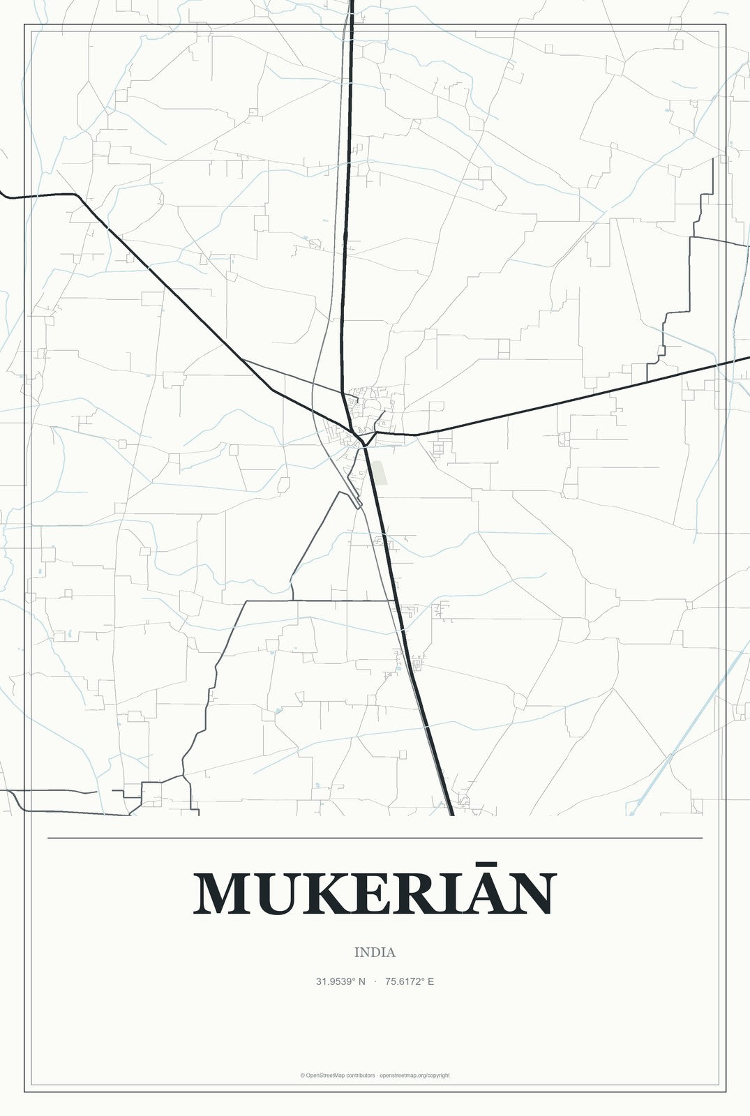 Mukeriān, India City Map Aluminum Sign in Gallery Air style