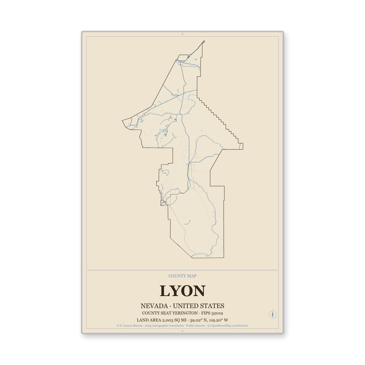 Lyon County, Nevada Map Aluminum Sign in Heritage Nautical style