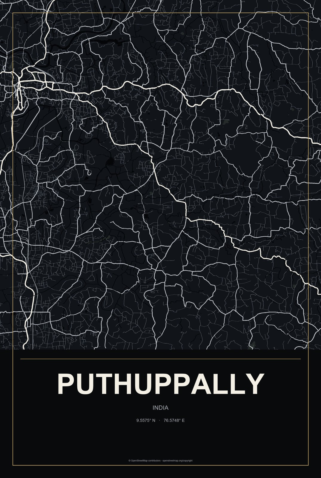 Puthuppally, India City Map Aluminum Sign in Metropolitan Noir style