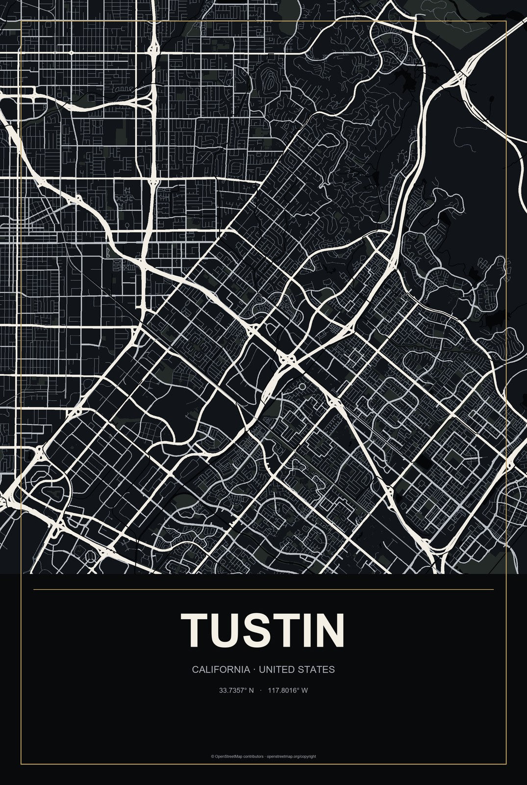 Tustin, California City Map Aluminum Sign in Metropolitan Noir style