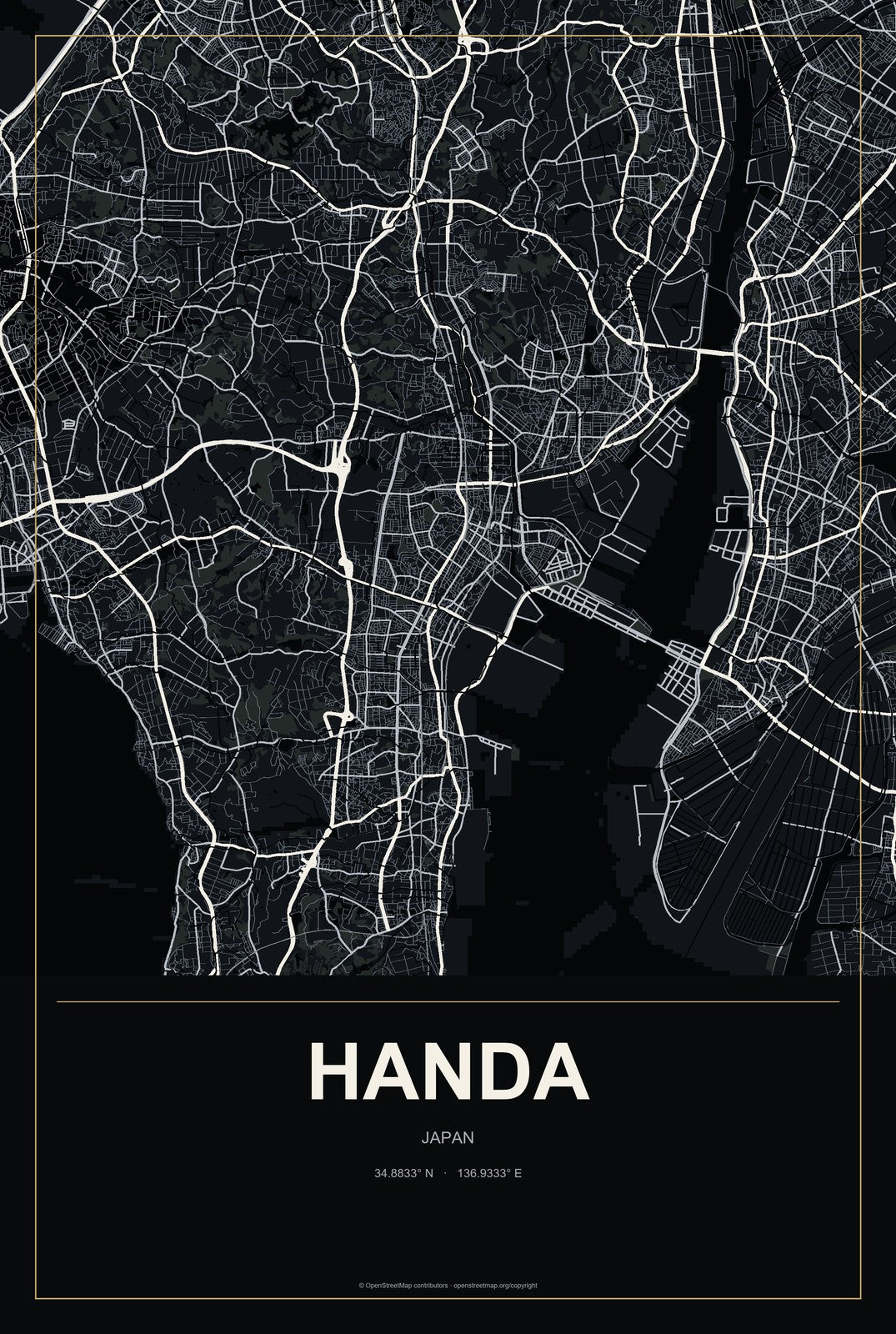 Handa, Japan City Map Aluminum Sign in Metropolitan Noir style
