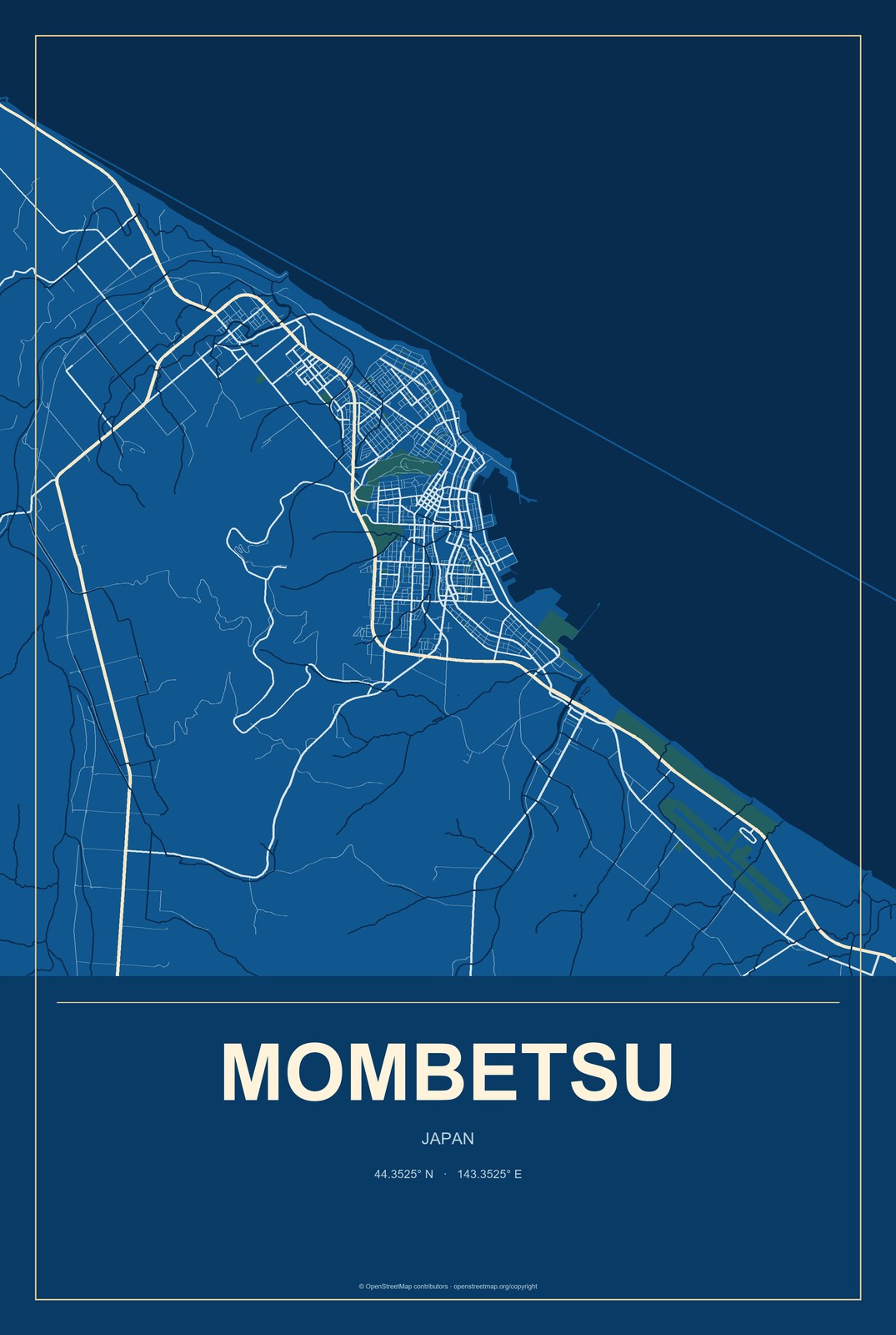 Mombetsu, Japan City Map Aluminum Sign in Harbor Cobalt style