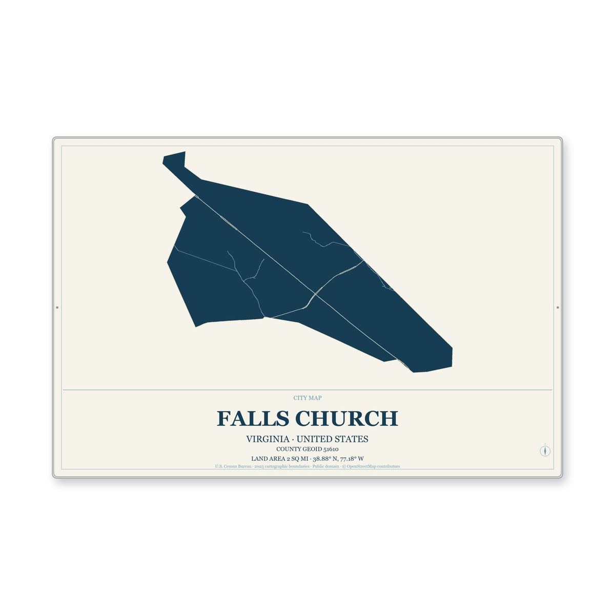 Falls Church city, Virginia Map Aluminum Sign in Coastal Cutout style