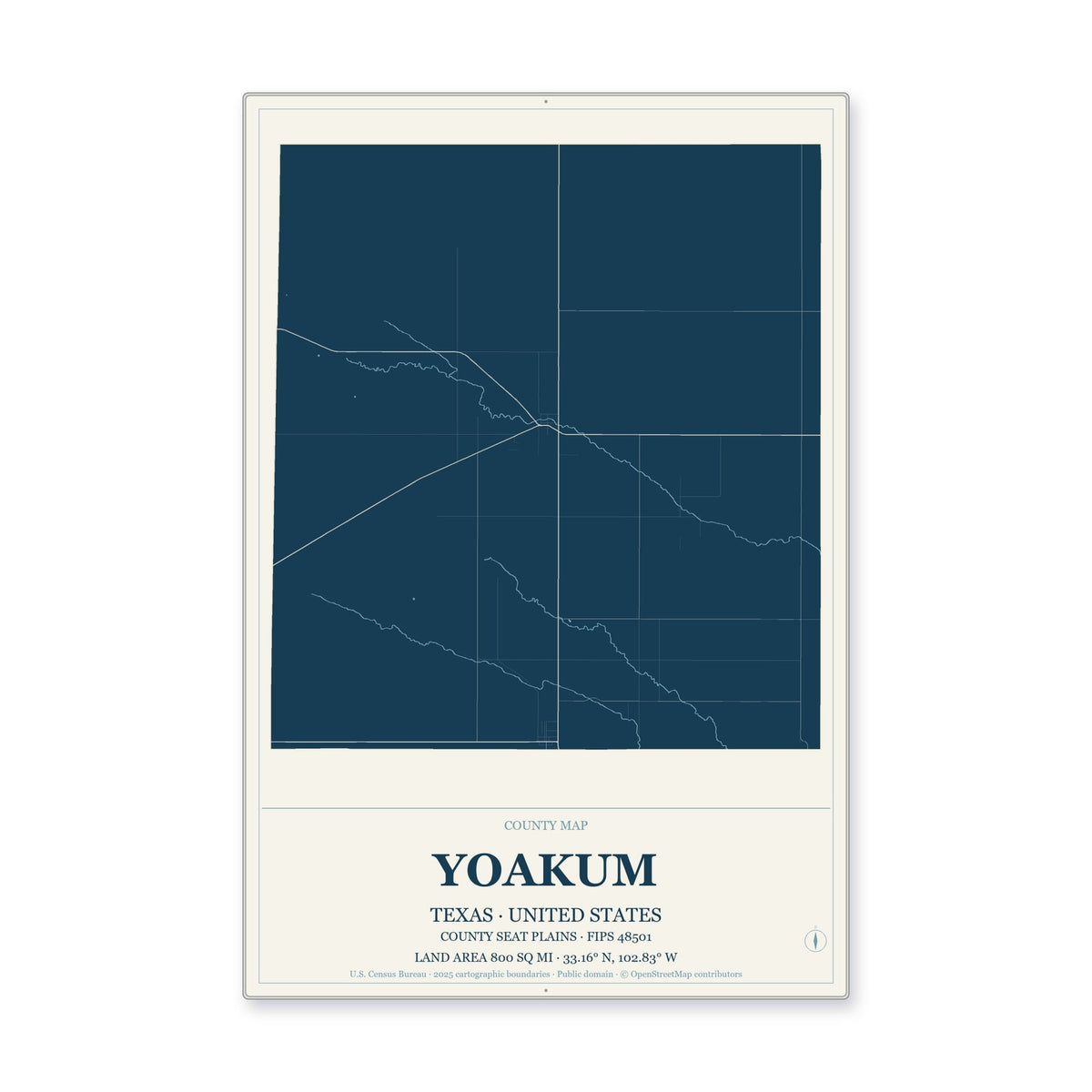 Yoakum County, Texas Map Aluminum Sign in Coastal Cutout style