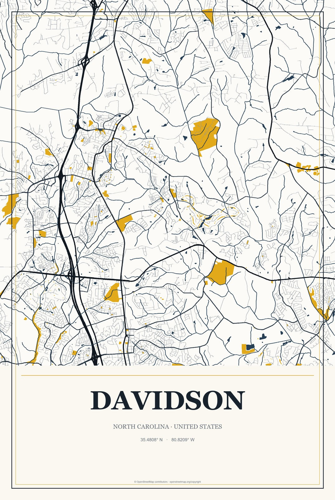 Davidson, North Carolina City Map Aluminum Sign in Citrine Modern style