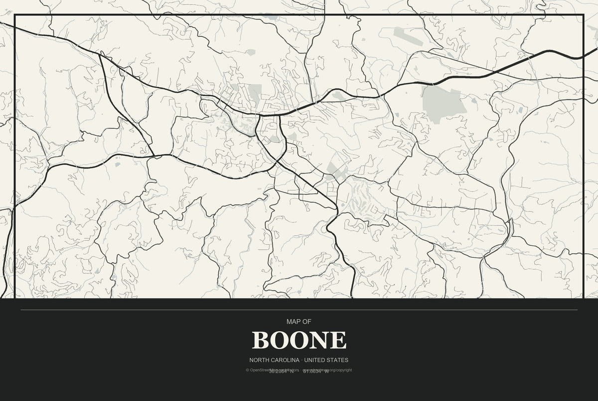 Boone, North Carolina City Map Aluminum Sign in Museum Plaque style
