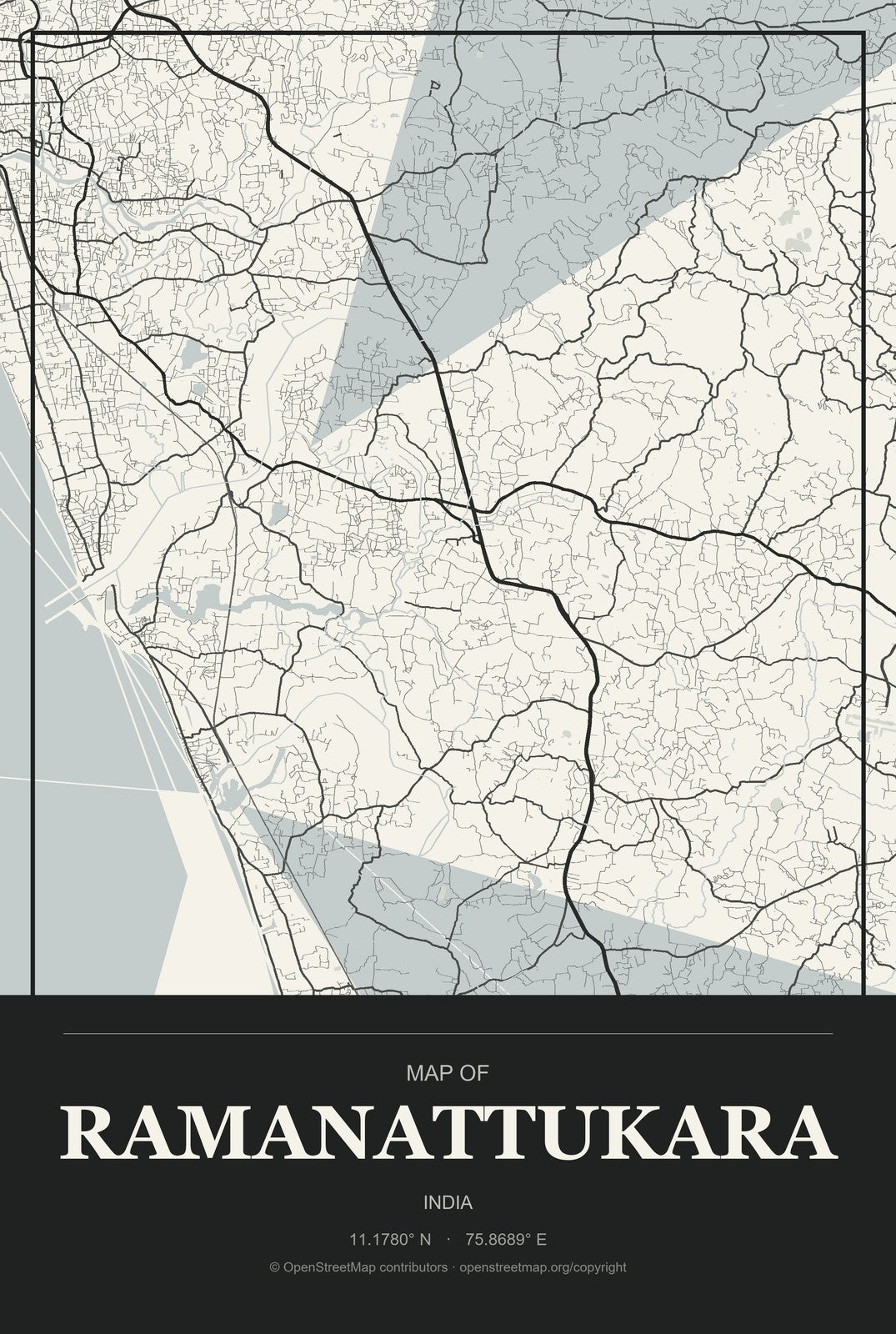 Ramanattukara, India City Map Aluminum Sign in Museum Plaque style