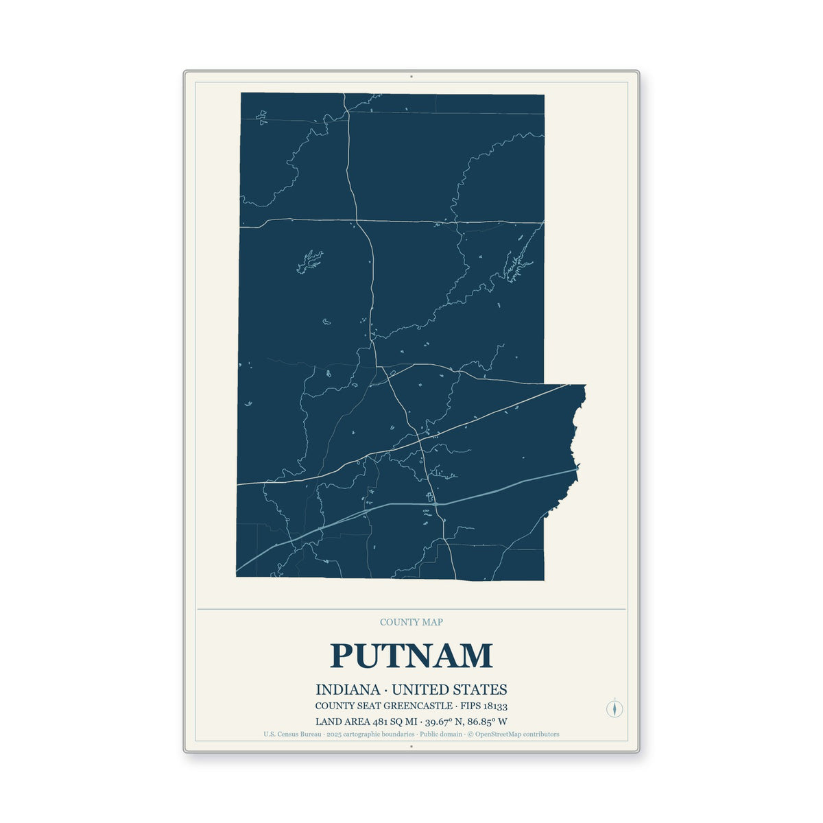 Putnam County, Indiana Map Aluminum Sign in Coastal Cutout style