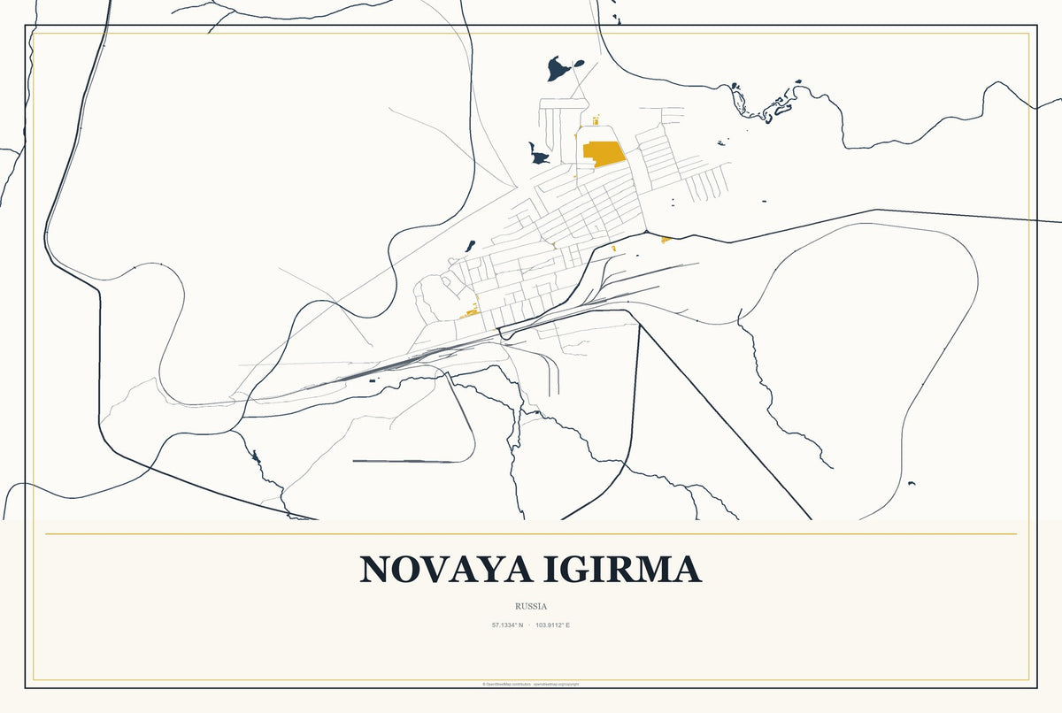 Novaya Igirma, Russia City Map Aluminum Sign in Citrine Modern style