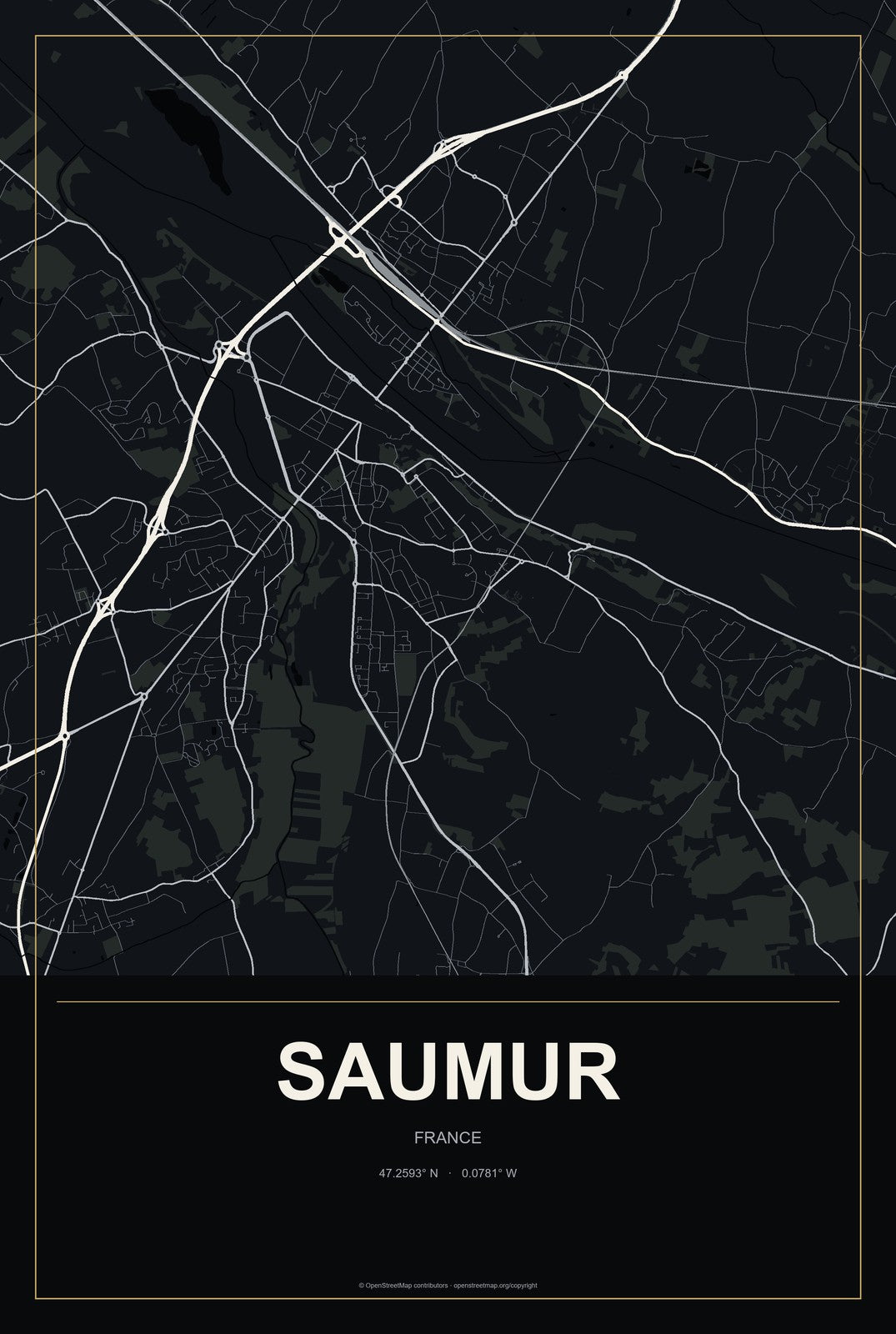 Saumur, France City Map Aluminum Sign in Metropolitan Noir style