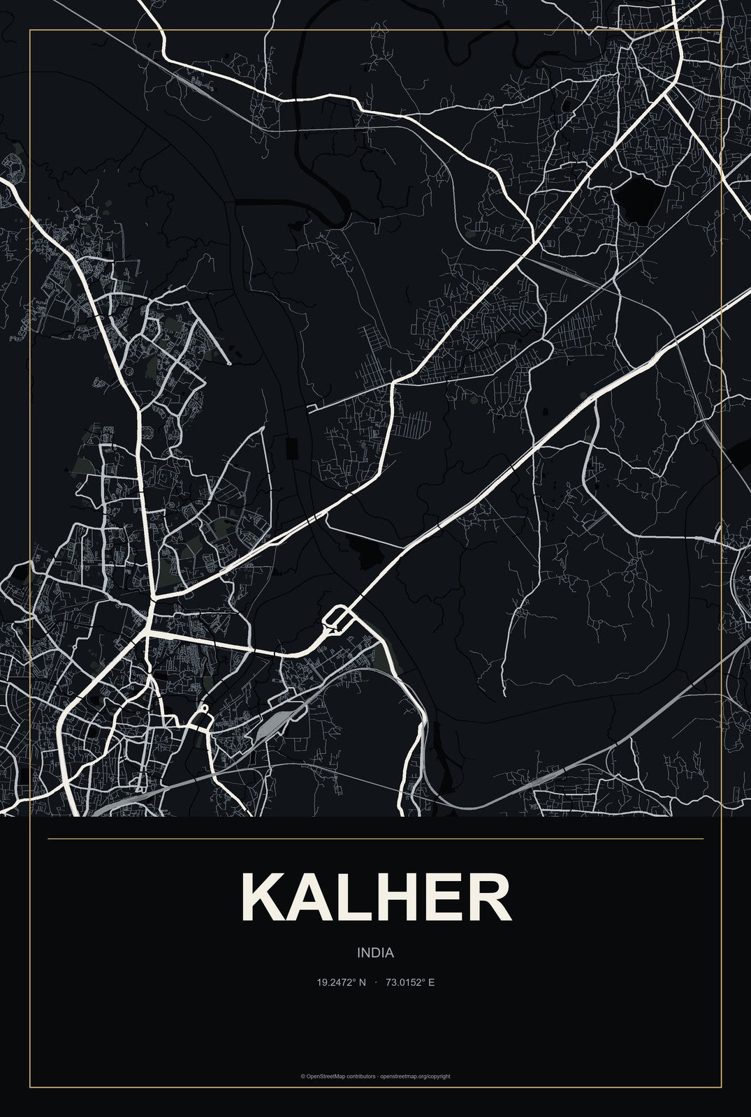 Kalher, India City Map Aluminum Sign in Metropolitan Noir style