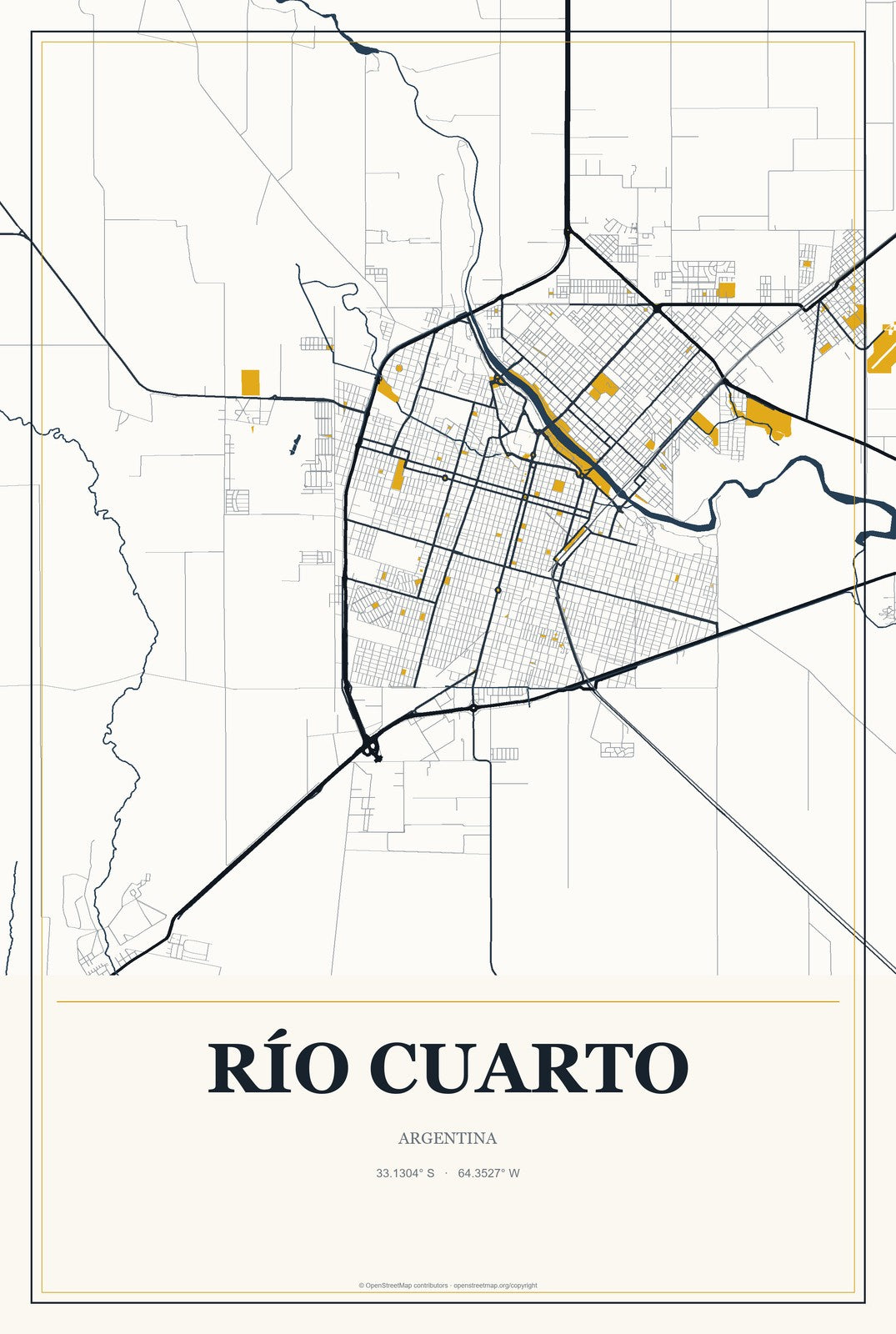 Río Cuarto, Argentina City Map Aluminum Sign in Citrine Modern style