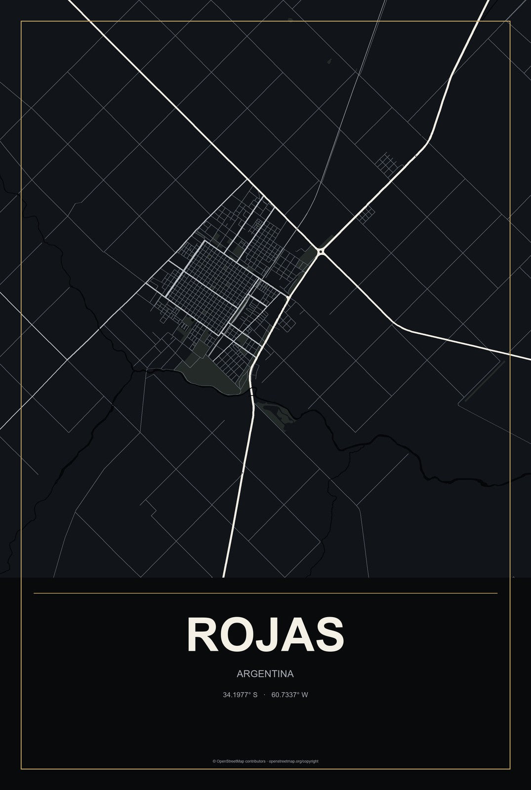 Rojas, Argentina City Map Aluminum Sign in Metropolitan Noir style