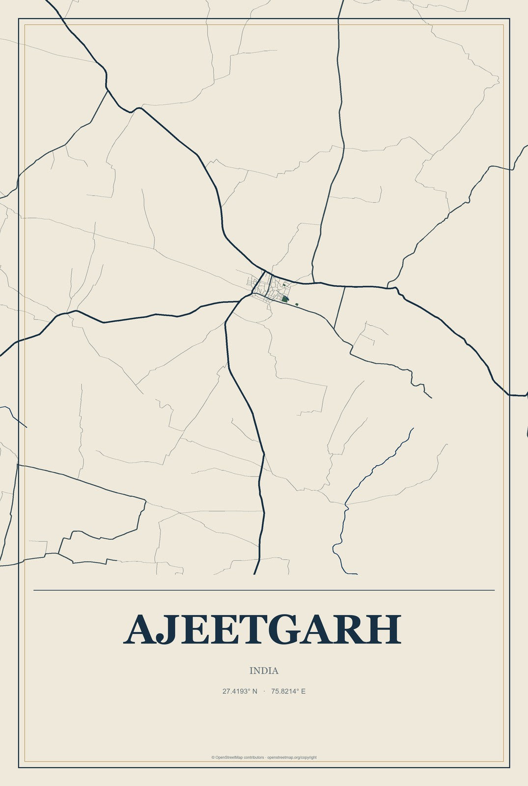 Ajeetgarh, India City Map Aluminum Sign in Coastal Cutout style