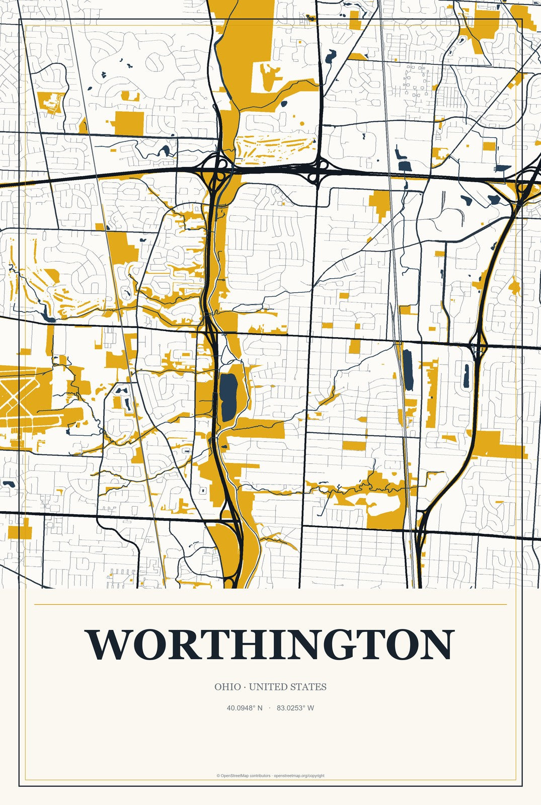 Worthington, Ohio City Map Aluminum Sign in Citrine Modern style