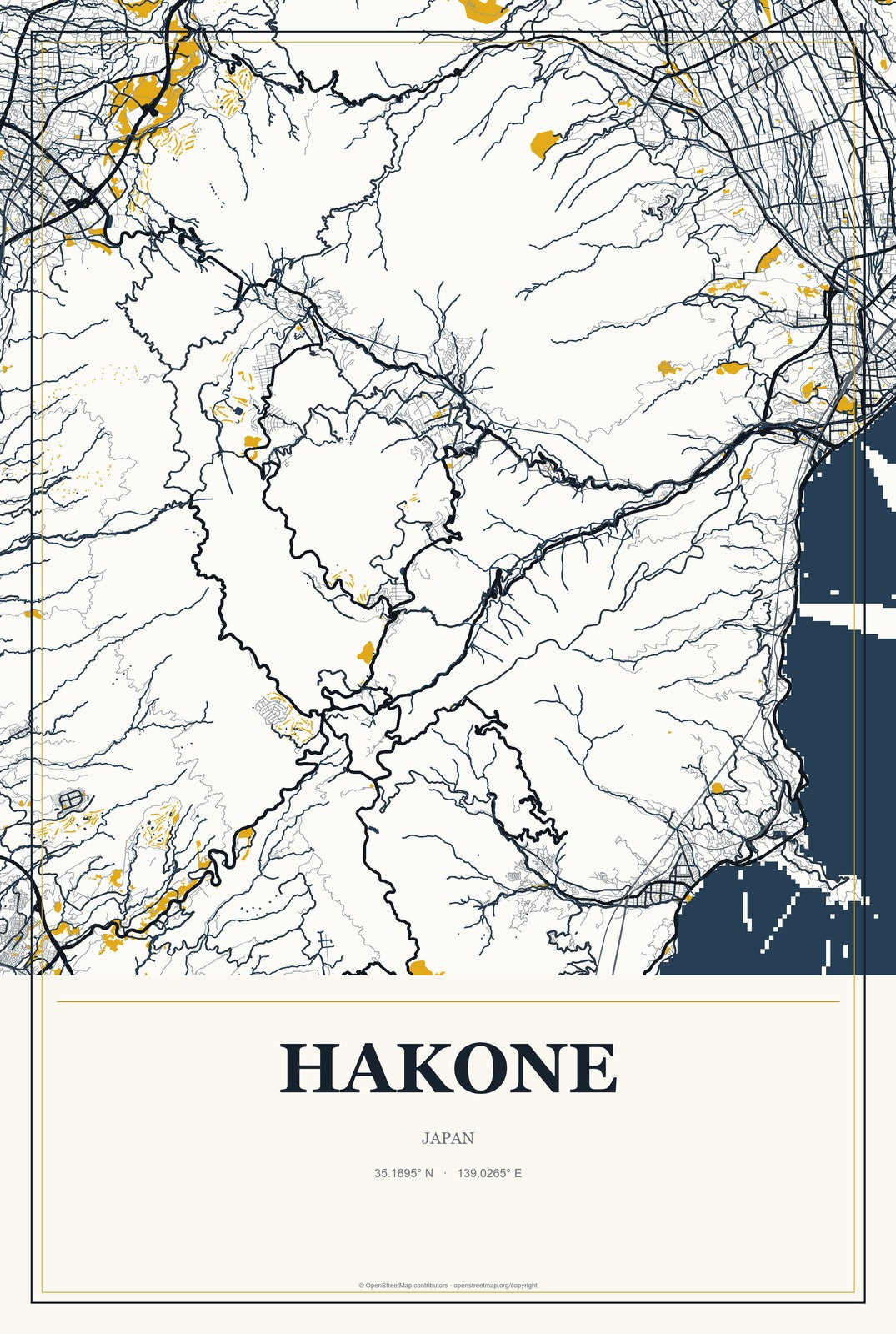 Hakone, Japan City Map Aluminum Sign in Citrine Modern style