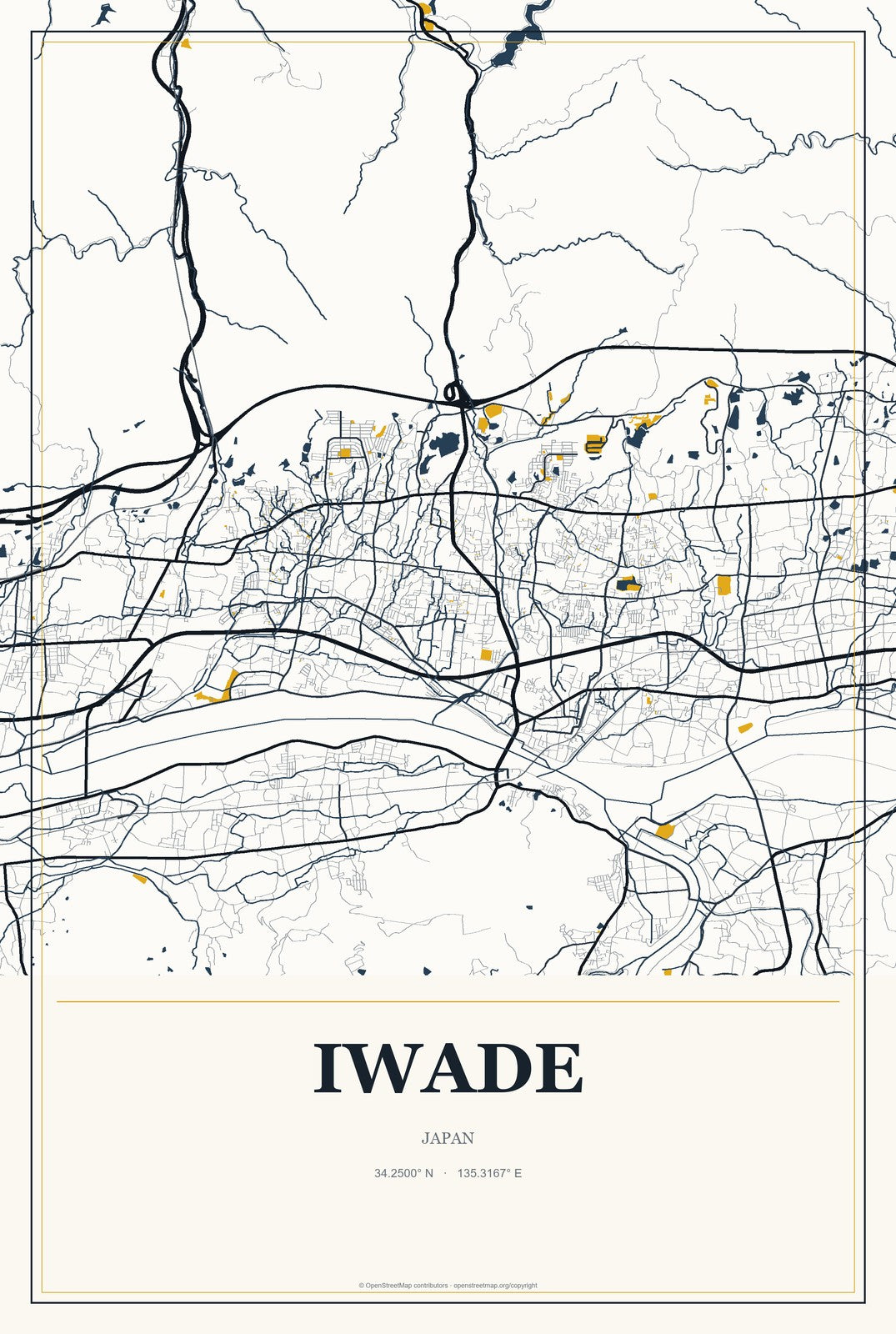 Iwade, Japan City Map Aluminum Sign in Citrine Modern style