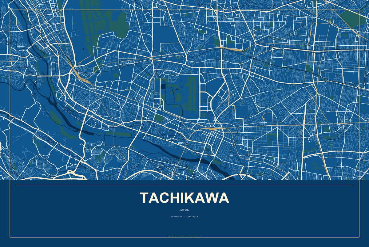 Tachikawa, Japan City Map Aluminum Sign in Harbor Cobalt style