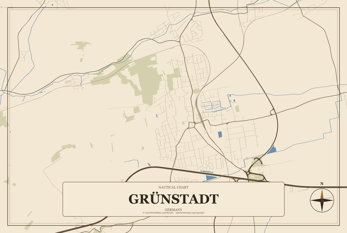 Grünstadt, Germany City Map Aluminum Sign in Heritage Nautical style