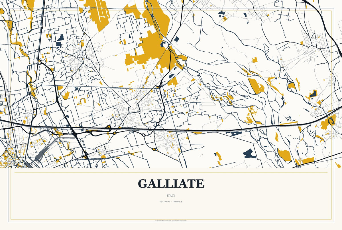 Galliate, Italy City Map Aluminum Sign in Citrine Modern style