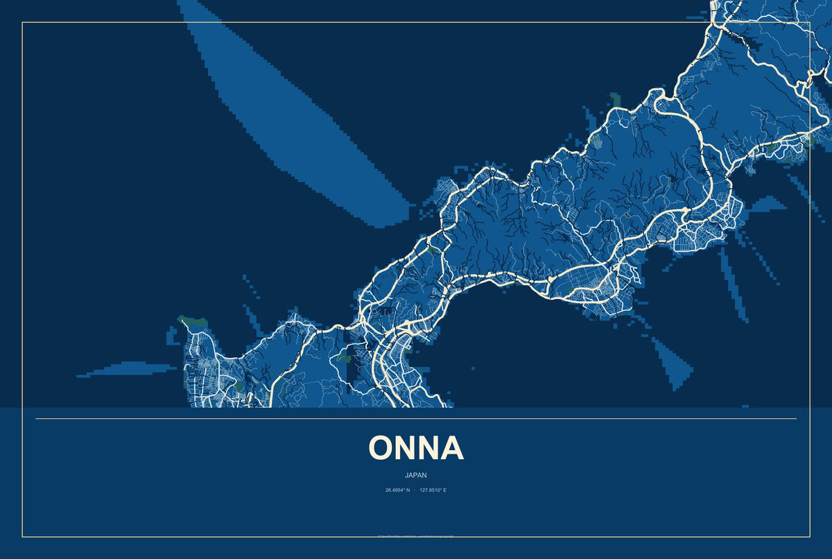 Onna, Japan City Map Aluminum Sign in Harbor Cobalt style