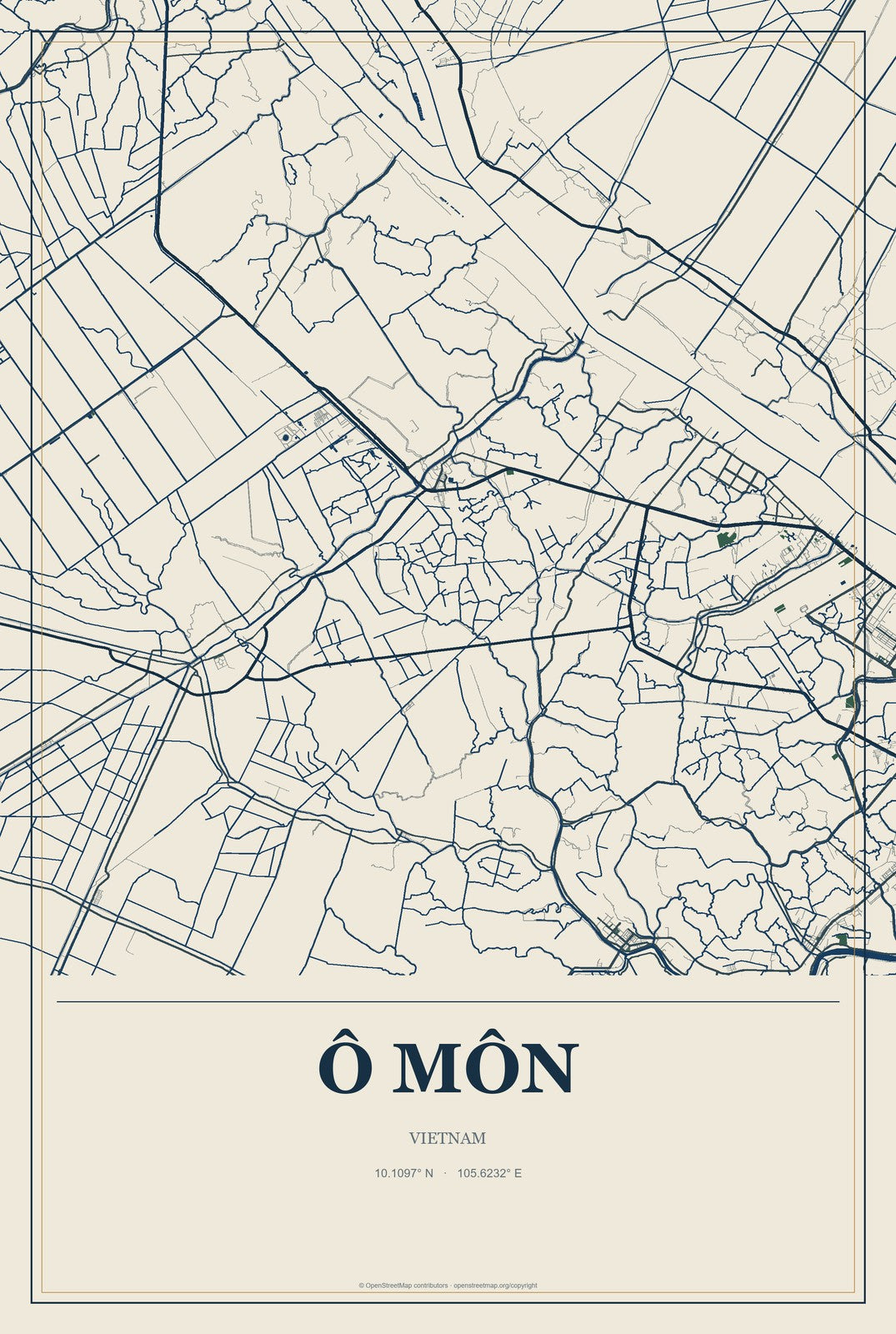Ô Môn, Vietnam City Map Aluminum Sign in Coastal Cutout style