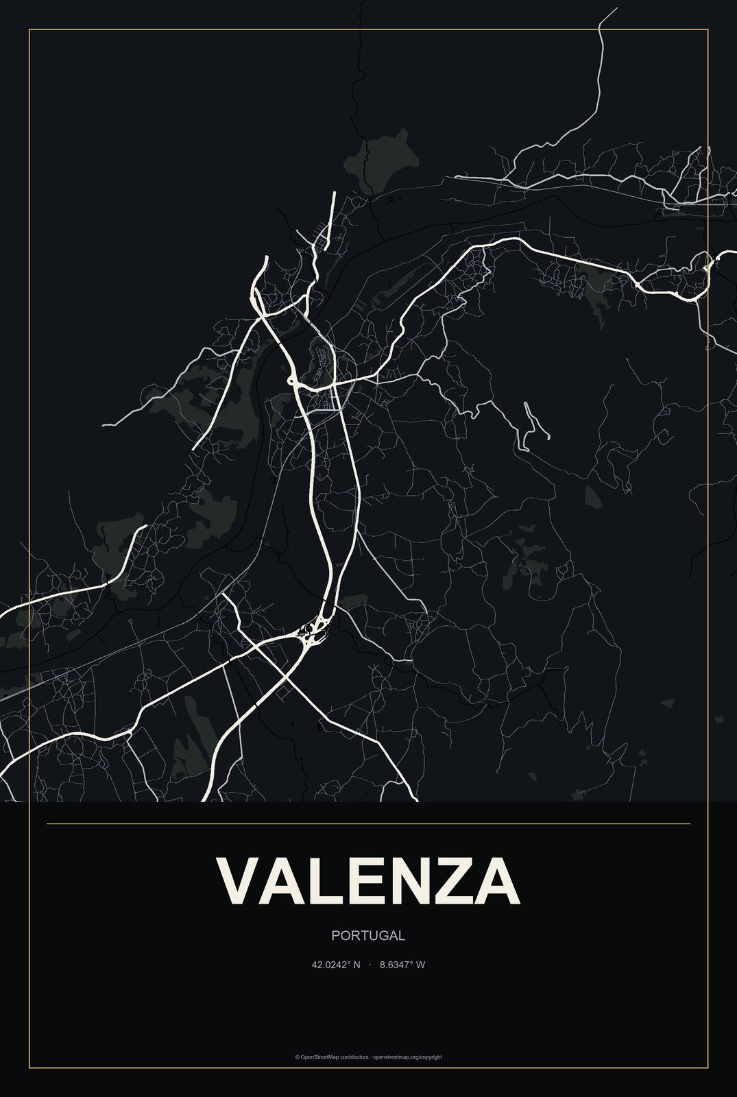 Valenza, Portugal City Map Aluminum Sign in Metropolitan Noir style