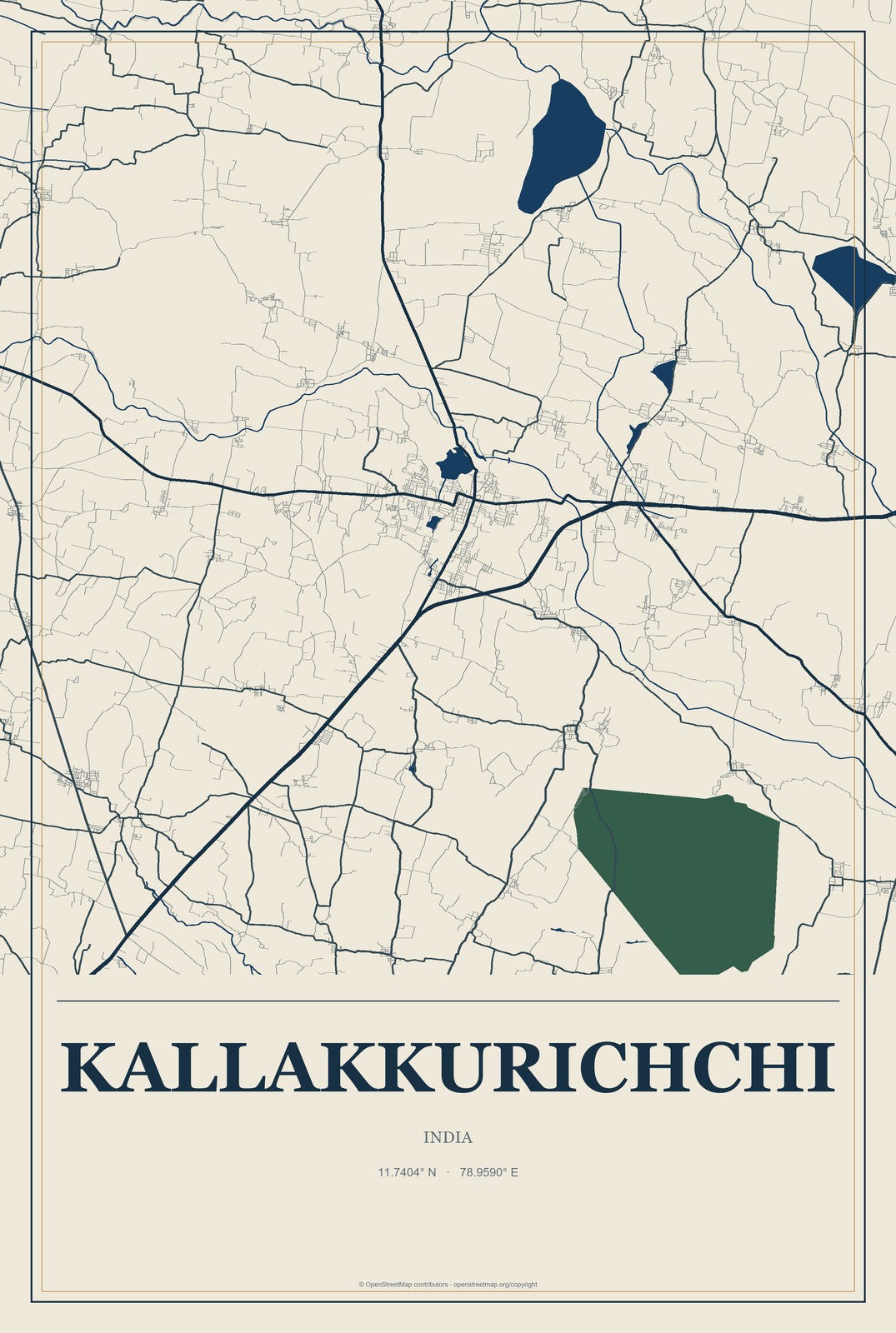 Kallakkurichchi, India City Map Aluminum Sign in Coastal Cutout style