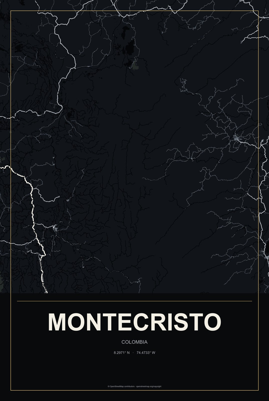 Montecristo, Colombia City Map Aluminum Sign in Metropolitan Noir style