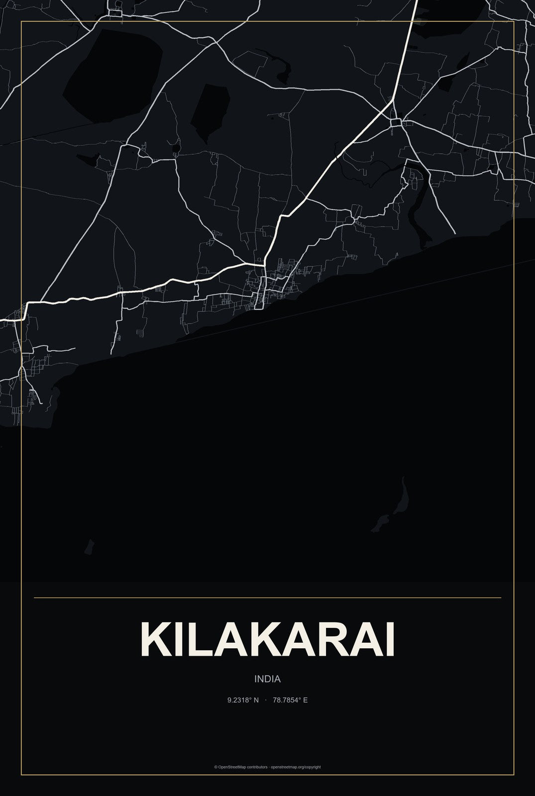 Kilakarai, India City Map Aluminum Sign in Metropolitan Noir style