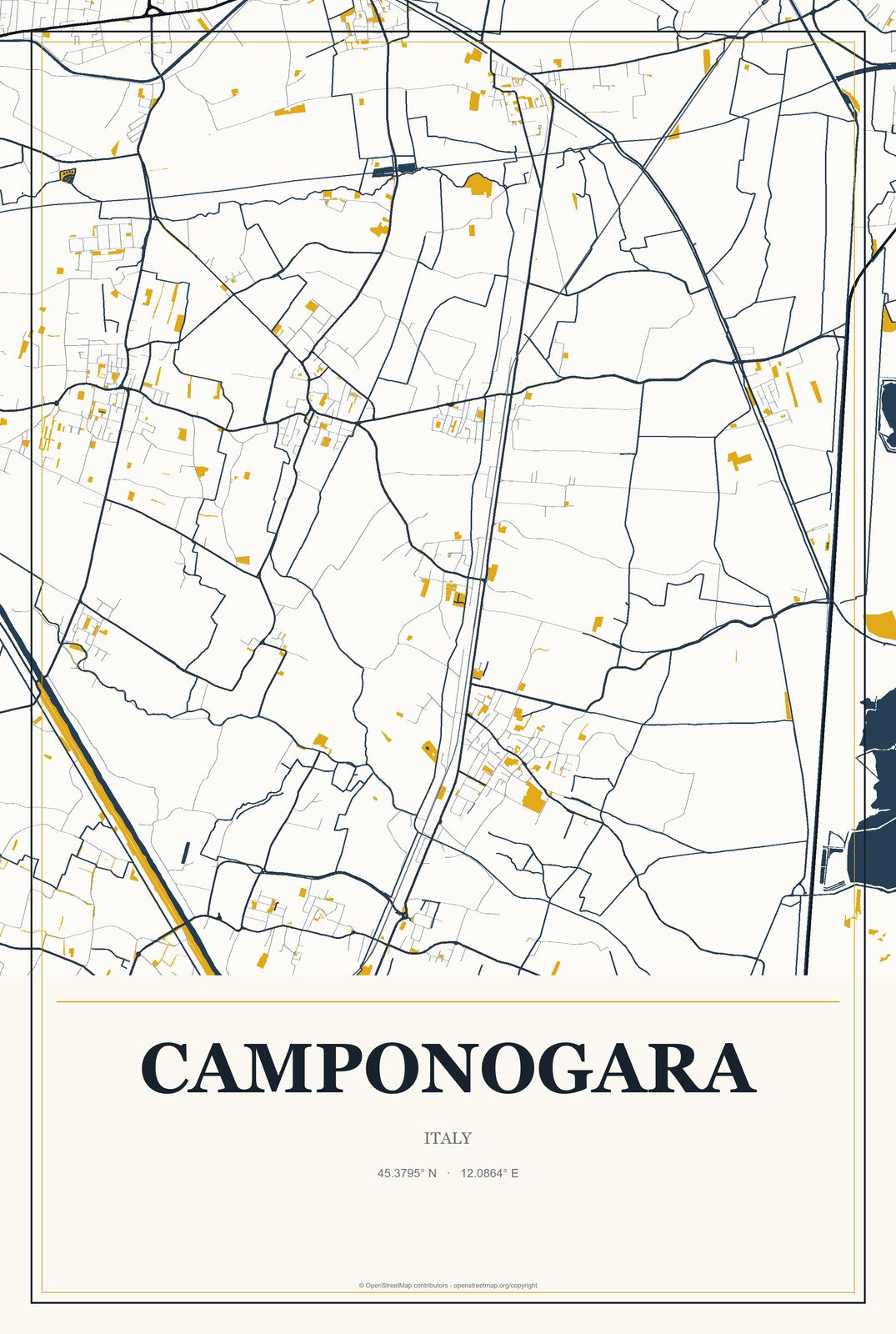 Camponogara, Italy City Map Aluminum Sign in Citrine Modern style