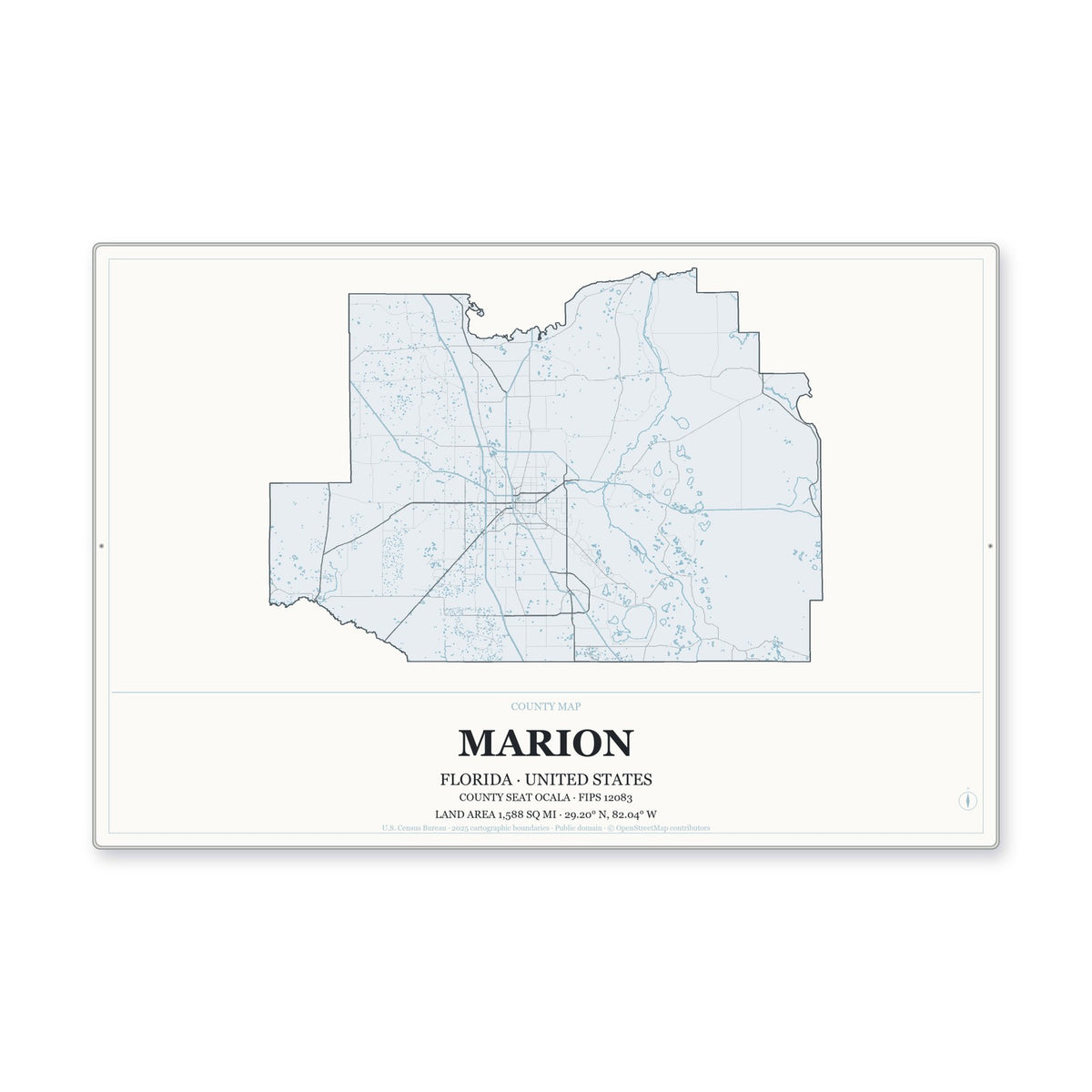 Marion County, Florida Map Aluminum Sign in Gallery Air style
